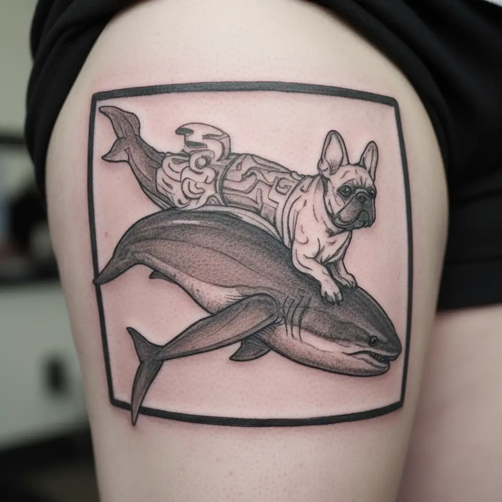 french Bulldog riding on an Orca whale tattoo design idea