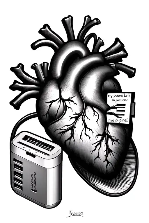 A power bank connected to a heart saying my powerbank in fine line tattoo art tattoo design idea