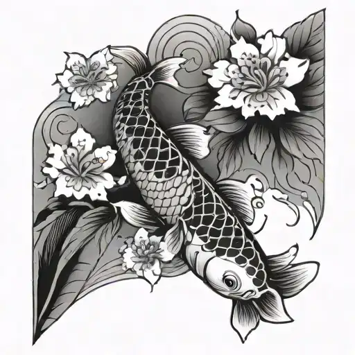 leg sleeve tattoo featuring japanese style koi fish and japanese style flowers with water background tattoo design idea