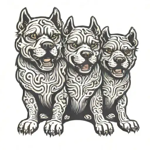 three headed dog holding the mood in its paws. one head is happy one head is angry the other head is sad and howling tattoo design idea