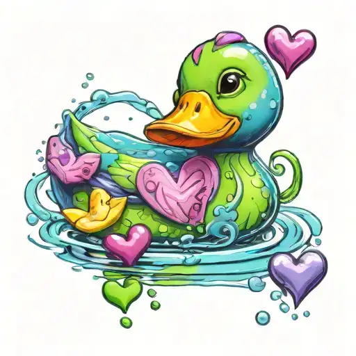 blue rubber duck with 2 hearts around it, one purple and one green.  tattoo design idea