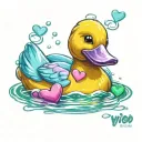 blue rubber duck with 2 hearts around it, one purple and one green.  tattoo design idea