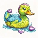 blue rubber duck with 2 hearts around it, one purple and one green.  tattoo design idea