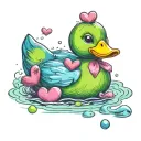 blue rubber duck with 2 hearts around it, one purple and one green.  tattoo design idea