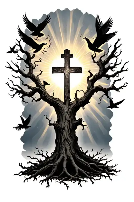 black poison tree with a cross and doves and sun rays shining tattoo design idea