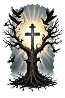 black poison tree with a cross and doves and sun rays shining tattoo design idea