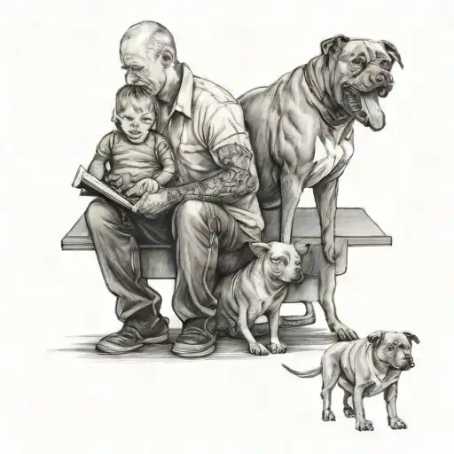 A little child and his father holding a pitbull while his mother stands at the side holding her notebooks seeing the cit tattoo design idea