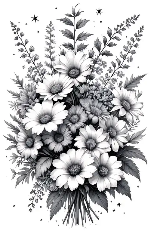 bouquet of asters, delphinium, water lilies and morning glory flowers, Leo and Virgo constellations tattoo design idea