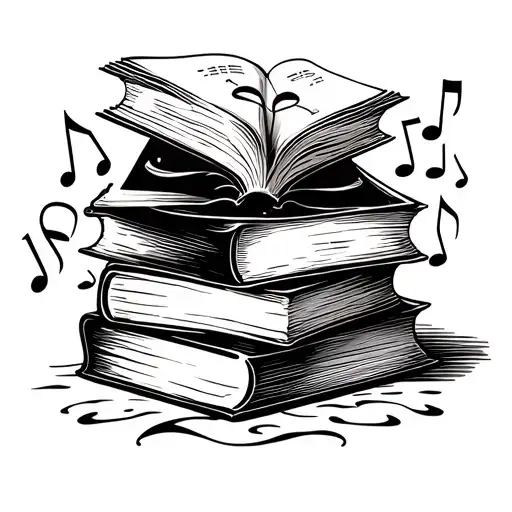 A tattoo design of a stack of books with musical notes floating around them, representing the client's love for reading and music tattoo design idea