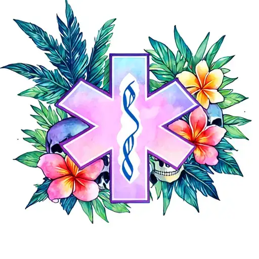 EMS star of life with Hawaiian flowers, skulls, and palm leaves surrounding  tattoo design idea