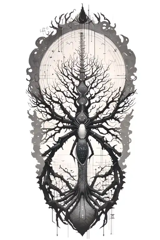 replace tree with spider, vertical axis, mathematical theme, geommetry tattoo design idea