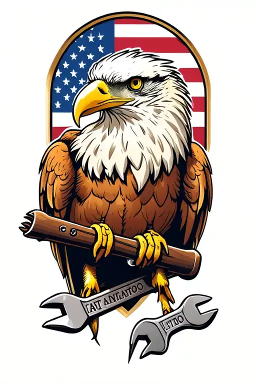 A traditional eagle clutching a wrench in its talons, representing the client's dedication to hard work and their American pride tattoo design idea