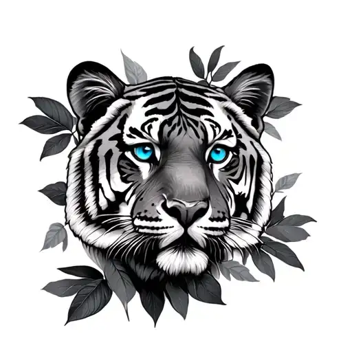 tiger with blu eyes looking forward through leafs tattoo design idea