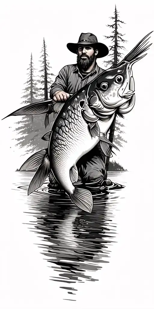 hunting fishing scene tattoo design idea