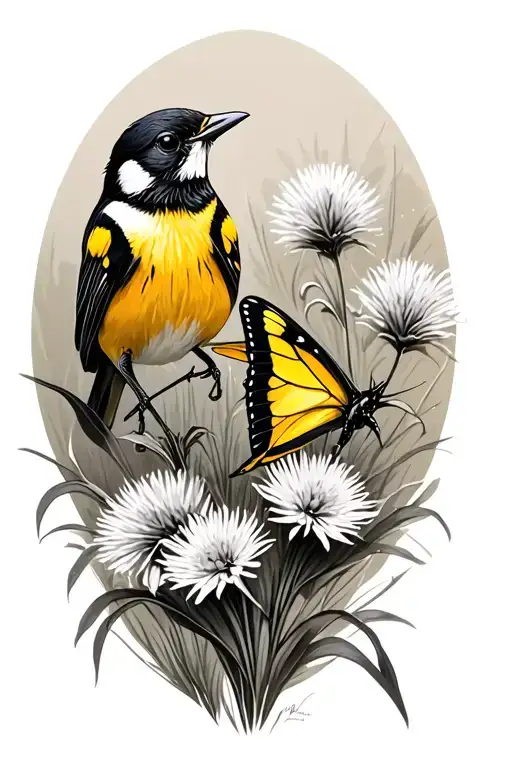 meadowlark, beargrass and western yellow swallowtail tattoo design idea