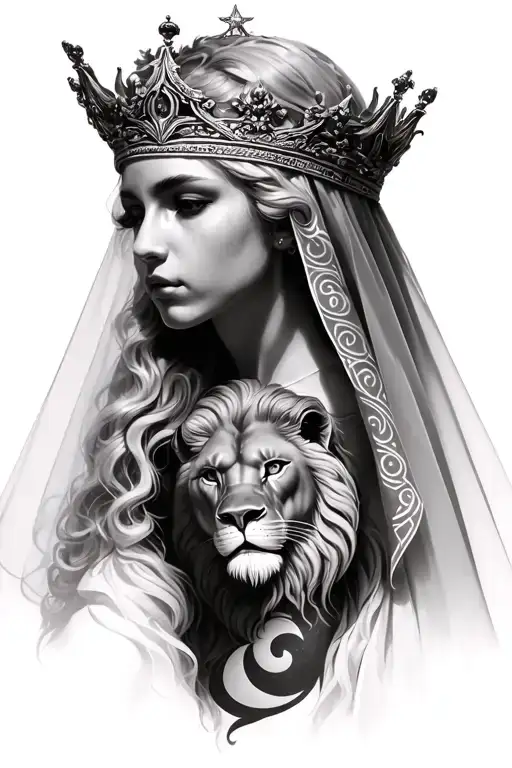 black & grey realism greek goddess leto with light color hair, wearing crown with veil, a lion and moon tattoo design idea