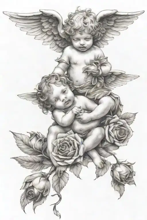 A black-grey tattoo of a cherub watching over a family of children, with delicate rose petals falling around them tattoo design idea