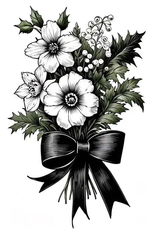 flower bouquet tied with bow, one daffodil, one morning glory, one holly berry, one lilly of the valley, one delphinium  tattoo design idea