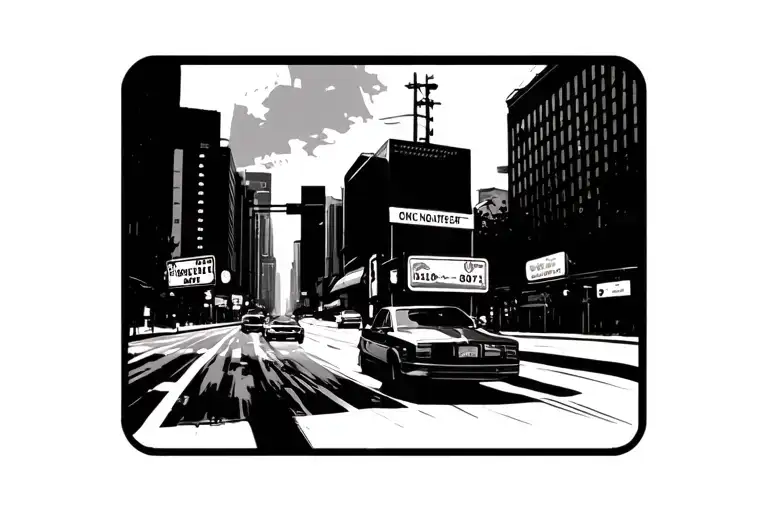 money, city, road with a sign  tattoo design idea