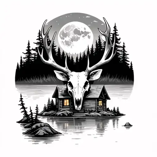 deer skull with moon over a cabin on a lake surrounded by dense forest tattoo design idea