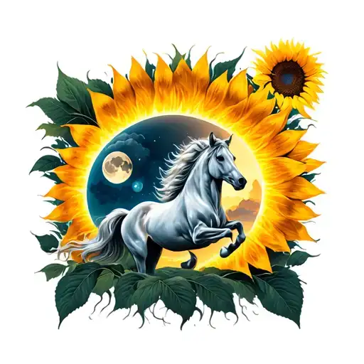 sunflower, wolf, moon, sun, horse galloping tattoo design idea