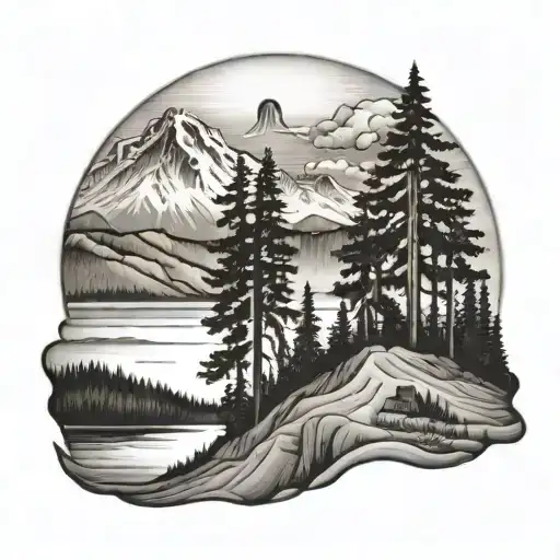 Mount hood in the background, big for trees, lake, hills, Georgia pine, sandy beach, palm trees all combined tattoo design idea