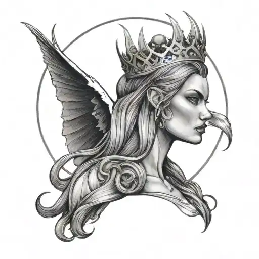  lilith inspired deranged, powerful, dangerous woman with a three moon maiden, mother, crone, witch sigil in her crown a tattoo design idea