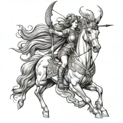 Athena holding a bow and arrow on a long maned stallion  tattoo design idea