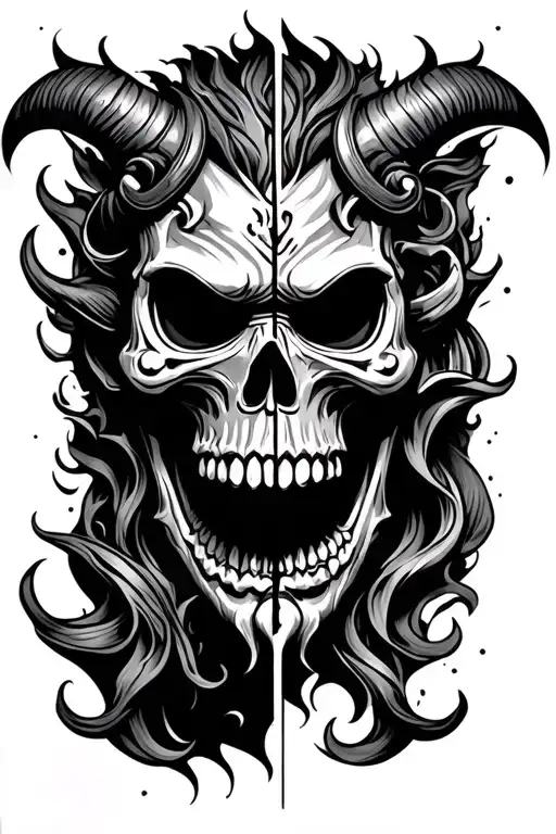 Oni Mask split in half with skull  tattoo design idea
