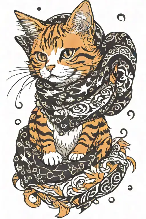 ginger cat with black and white scarf tattoo design idea