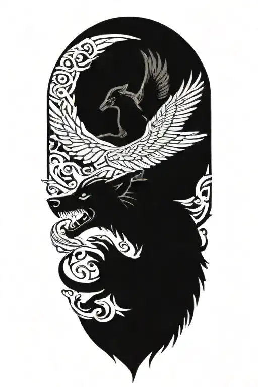 fenrir viking norse wolf fighting ravens Huginn and Muninn tattoo design idea