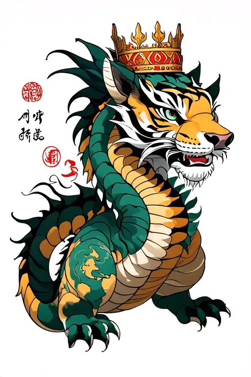 earth dragon with water tiger and wood pig wearing a crown tattoo design idea