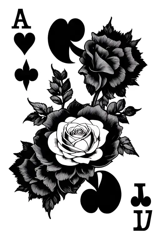 queen of hearts playing card with rose in center tattoo design idea