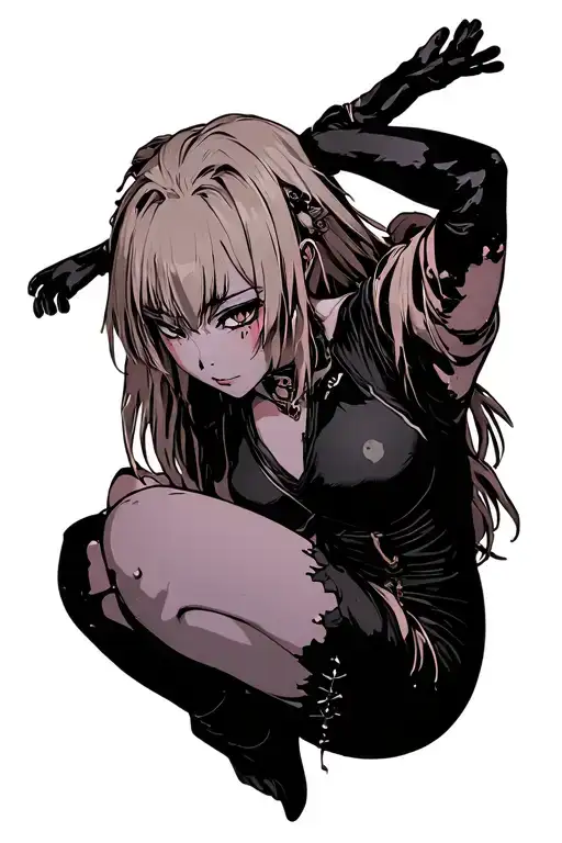 Himiko Toga in a seductive pose, mischievous gaze, torn punk-goth outfit.Sharp lines, deep shadows. tattoo design idea