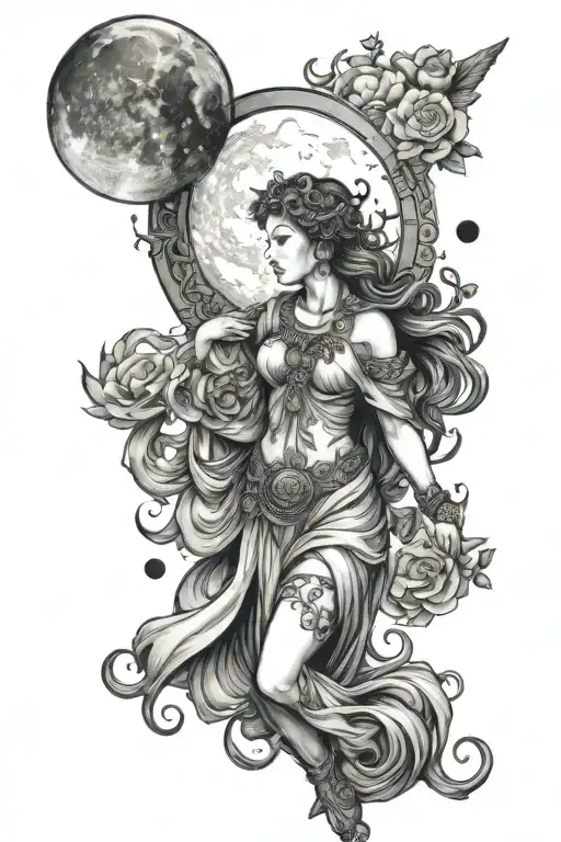 freya goddess holding moon tattoo design idea