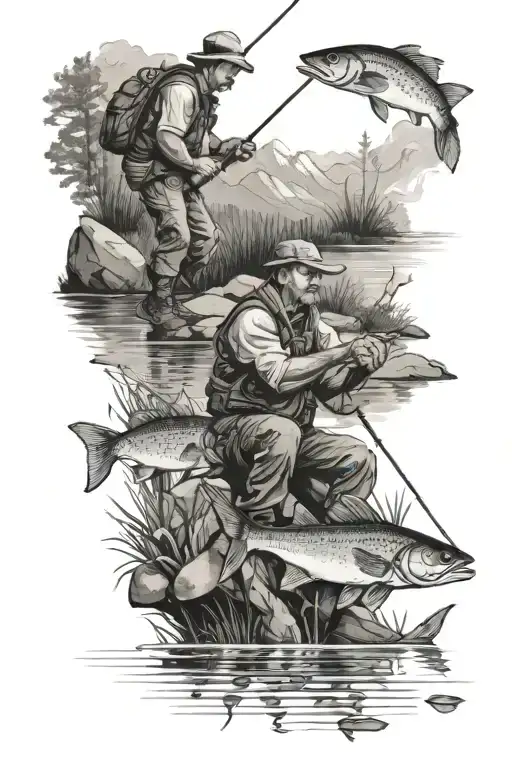 father and son fishing at mountain pond fish swimming tattoo design idea