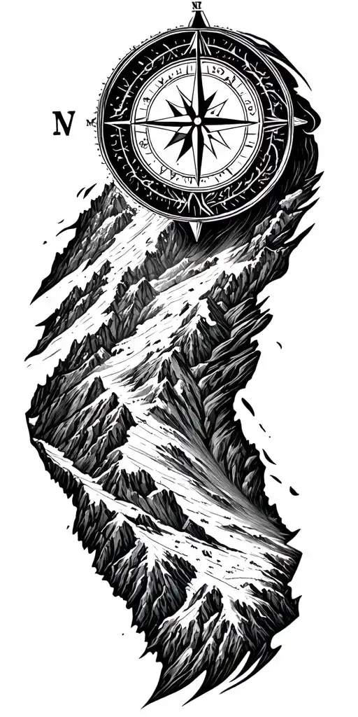 compass, world map, mountain range tattoo design idea