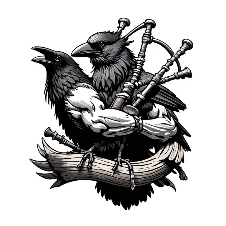designs on wood carving crow muscular  bagpiper playing the bagpipes baldblack beard tattoo design idea