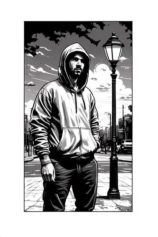 man in a hoodie standing next to street lamp posts, tattoo graphic style, bw tattoo design idea
