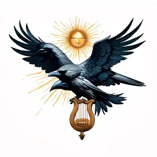 Apollo greek god, raven, lyre, sun tattoo design idea