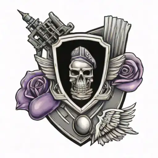 army with American flag and Purple Heart medal with the 101st Airborne and military intelligence crest tattoo design idea