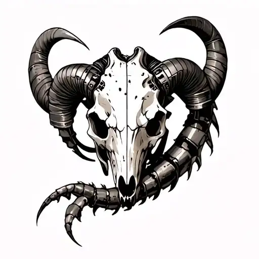 "Dark biomechanical forearm tattoo, a half-rotted half-metal ram skull pierced by a scorpion tail made of rusty ship gea tattoo design idea