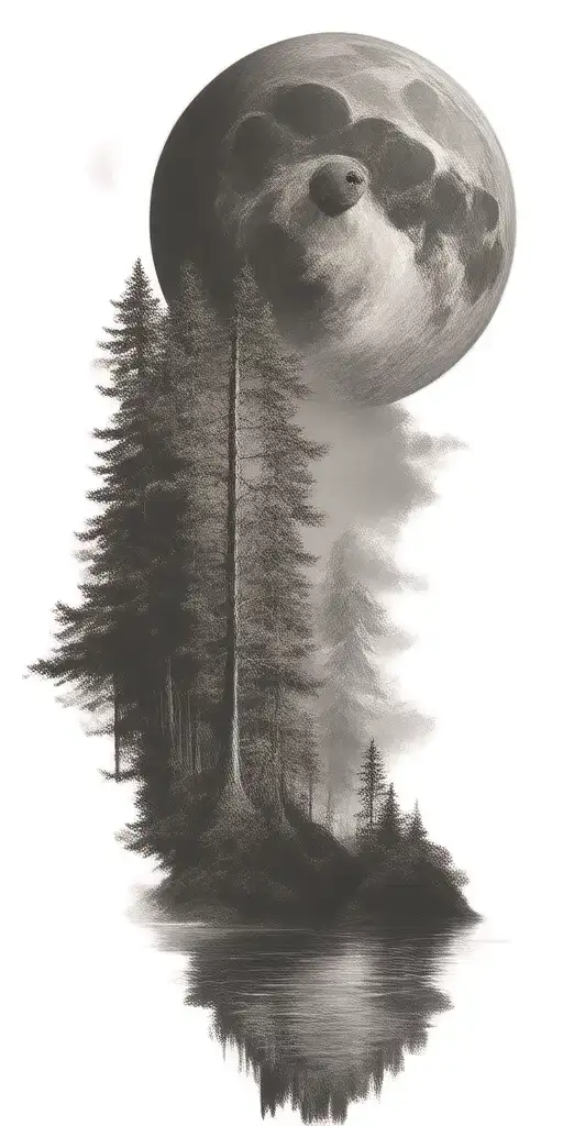 "Add a bear " massive forest landscape with huge moon in the background  tattoo design idea