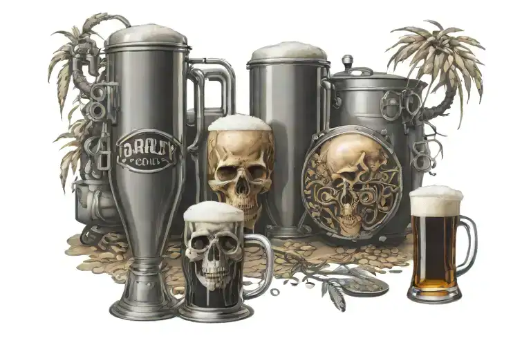 beer brewing process, death metal music, barley grains and water, tattoo design idea