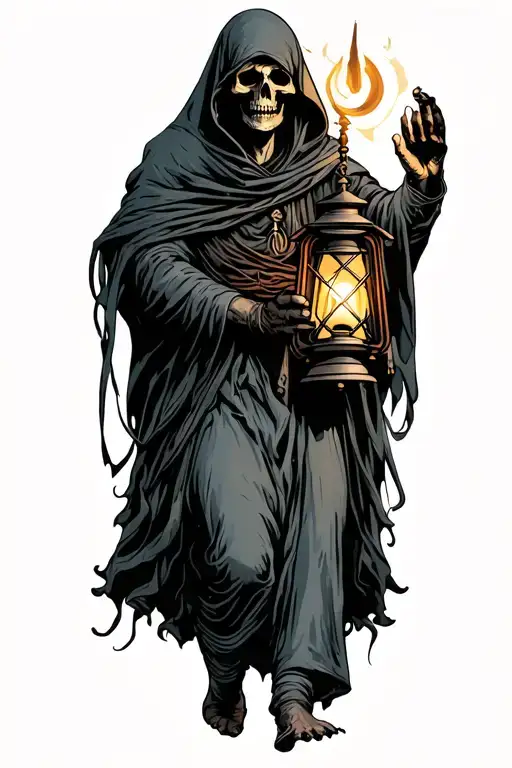 The hermit tarot walking sideways in darkness holding lantern emitting light. Skull face cloaked in hood tattoo design idea