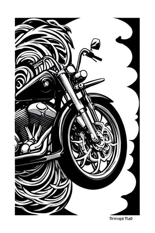 A motorcycle wheel, transforming into intricate Viking knotwork patterns.Mixed with a trail of stylized waves (sailing) tattoo design idea