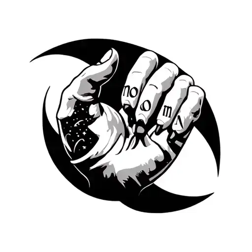 the word moon spelled on the fingers in a hand with gothic typo tattoo design idea