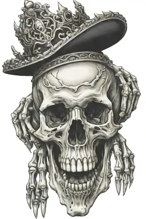 Skeleton with crown falling down, three hands with full flesh touching skeleton  tattoo design idea