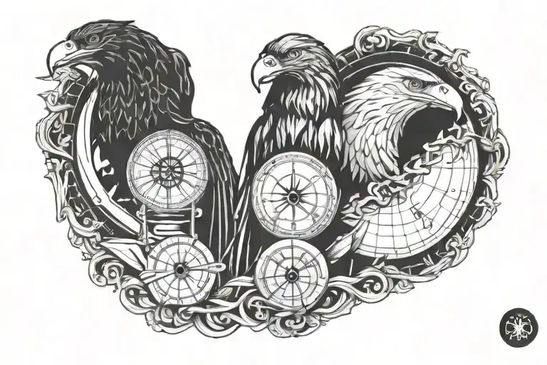 sleeve with statue, eagle, compass, globe, and anchor  tattoo design idea
