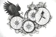 sleeve with statue, eagle, compass, globe, and anchor  tattoo design idea